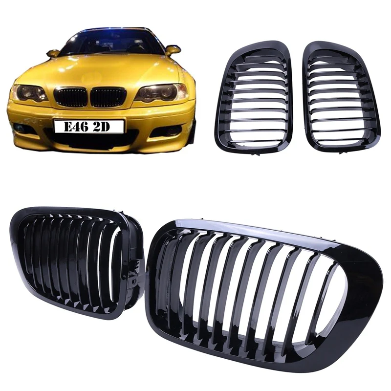 2x Gloss Black Kidney Grill Front Grille Lattice For BMW E46 2 Door 3