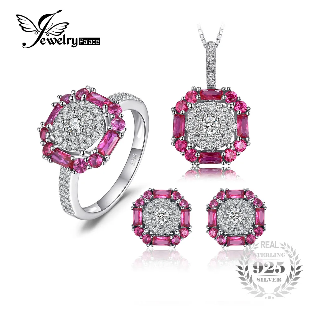 

JewelryPalace 3ct Created Ruby Stud Earrings Ring Pendant Necklace Fine Jewelry Sets 925 Sterling Silver 45cm Chain For Women