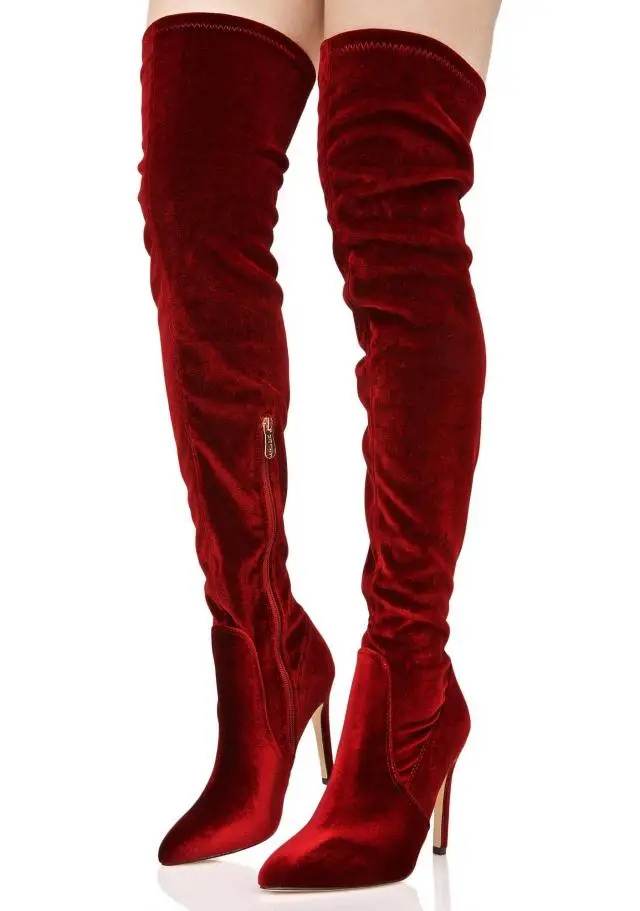 Super-Fashion-Burgundy-Velvet-Women-Over-The-Knee-Boots-Sexy-Pointy-Toe ...