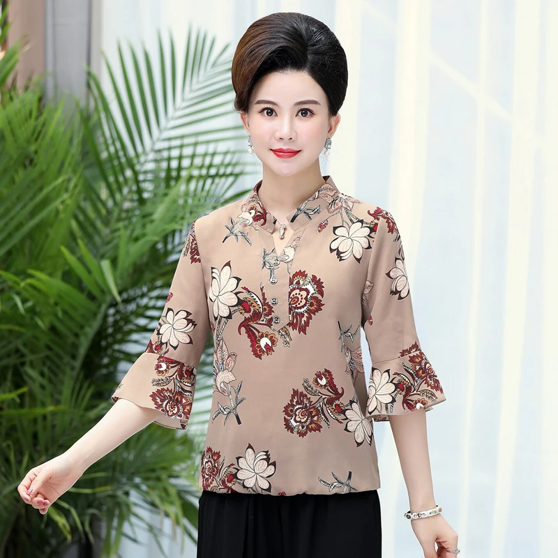 

Half Sleeve Chiffon T Shirt Top For Women 2019 Summer New Middle Age Mother Clothing Flowers Bottoming Shirts Loose Pullovers