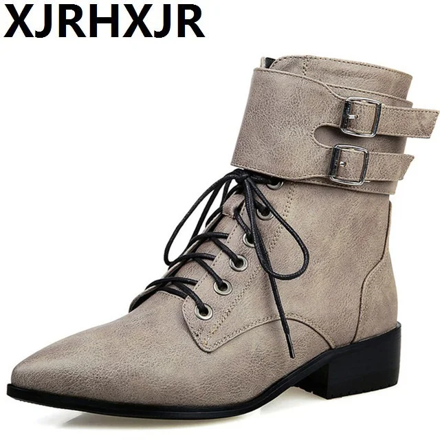 

XJRHXJR 2018 new ankle boots autumn winter fashion Metal buckle pointed toe women boots big size boots 34-43