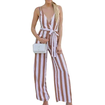 

2019 Spring Ladies V -cut Backless Sexy Bodycon Bodysuit Striped Side Reinforced High Tail Thin Long Overalls