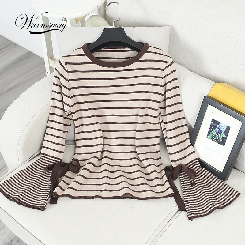 Sexy flare sleeve striped knitting pullover Fashion autumn winter sweater women tops Casual soft elastic jumper pull femme B-156