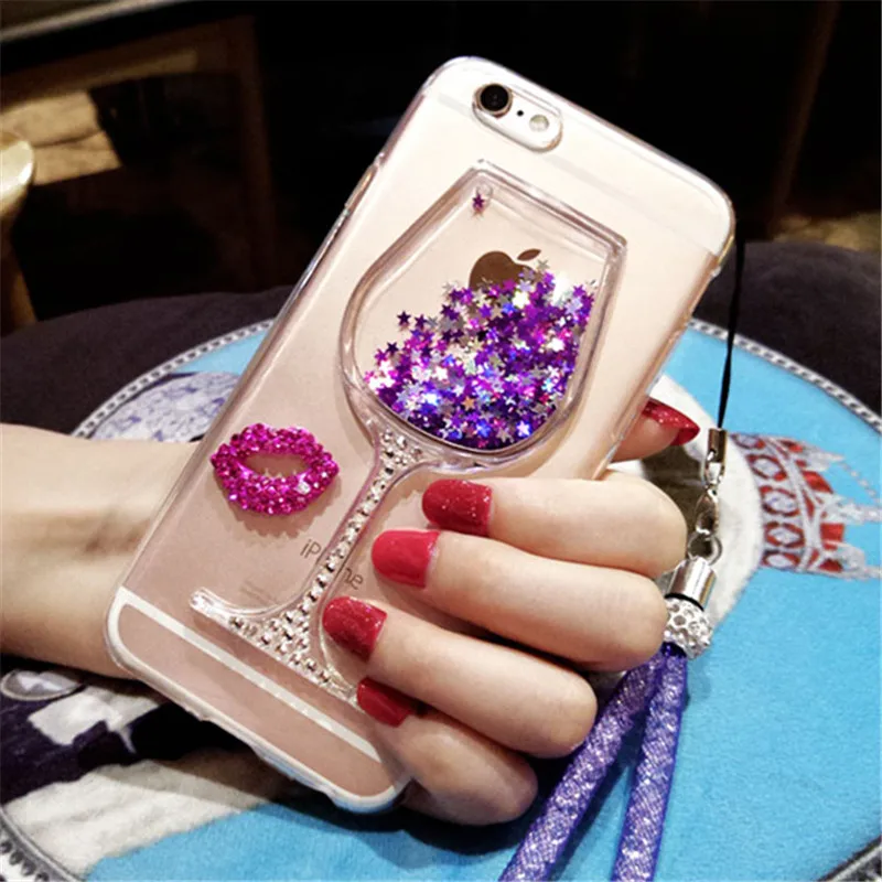 

For Samsung J3 J5 J7 2016 2017 Prime Pro J4 J6 Plus Rhinestone Diamond Lips Liquid Quick sand Red wine glass cup soft phone case