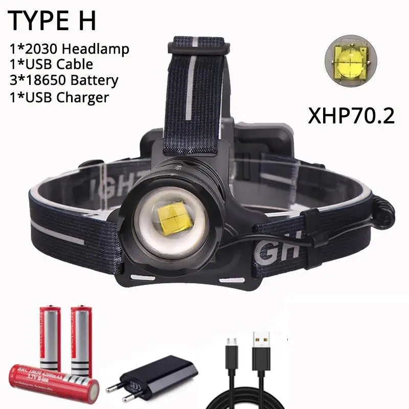 Package H USB Перезаряжаемый 50000LM мощный налобный фонарь XHP70.2 светодиодный налобный фонарь Водонепроницаемый налобный фонарь мощный налобный фонарь 3*18650 батареек - Испускаемый цвет: Package H