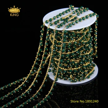 

5meters 3x4mm New Chains Jewelry Findings,Dark Green Glass Faceted Rondelle Rosary Chains Wire Wrapped Plated Gold Links HX110