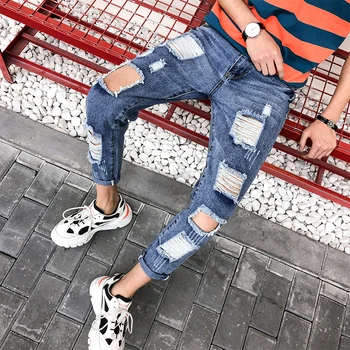 

Jeans Men Vintage Ripped Holes Ankle-Length Pencil Pants Blue Joggers Casual Loose Denim High Streetwear Fashion Male Jeans Man