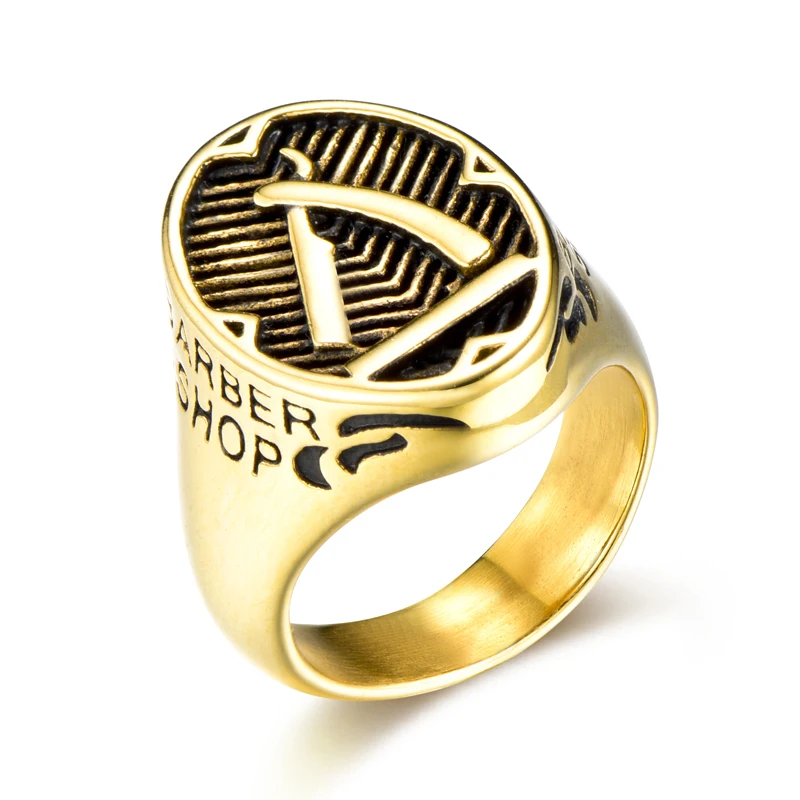 

Gold Trendy Gold Color Stainless Steel Barber Shop Decor Rings Men Barber Tools Razor Ring for Men Jewelry