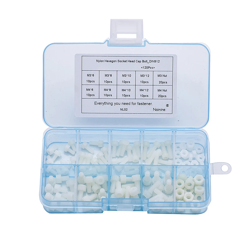 

120Pcs/set DIN912 M3 M4 Plastic Nylon Hexagon Socket Head Cap Bolt Knurled Hand Screw Assortment Kit NL02