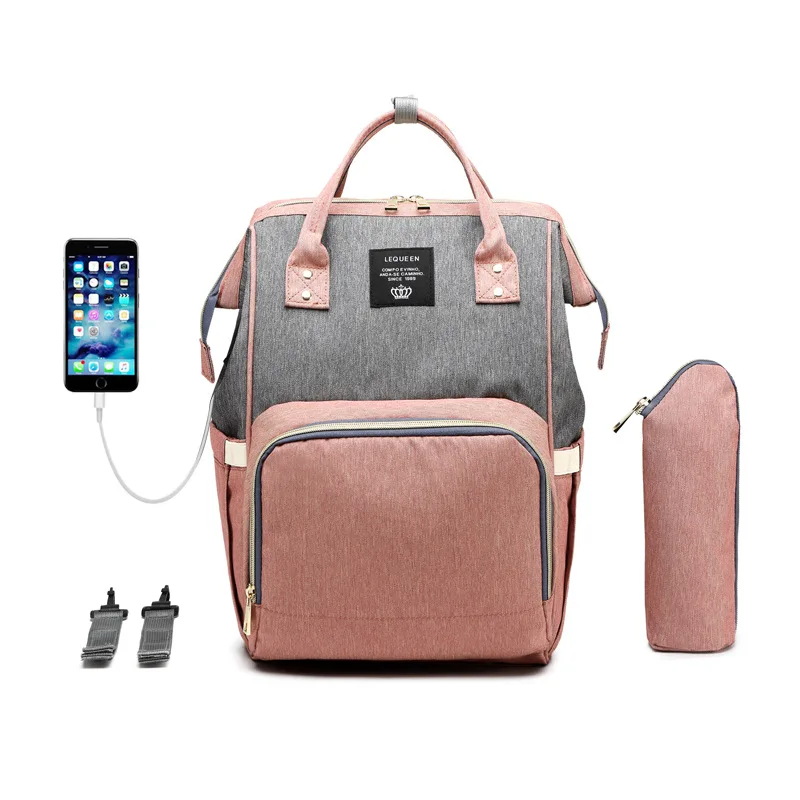 LEQUEEN USB детские сумки для подгузников большая сумка для подгузников обновленная модная водонепроницаемая сумка для мам дорожная сумка для мам - Цвет: Pink-Gray