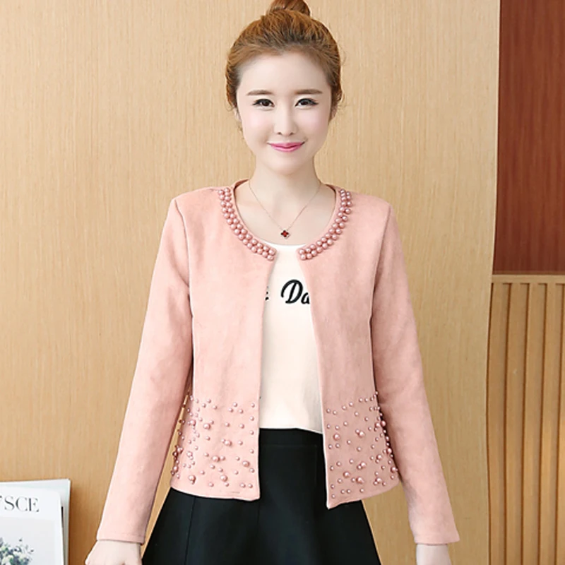 

Women Pearls Cropped Jacket Female Autumn Korean Solid Long Sleeve O-Neck Jackets Women Causul Elegant Plus Size Short Coats
