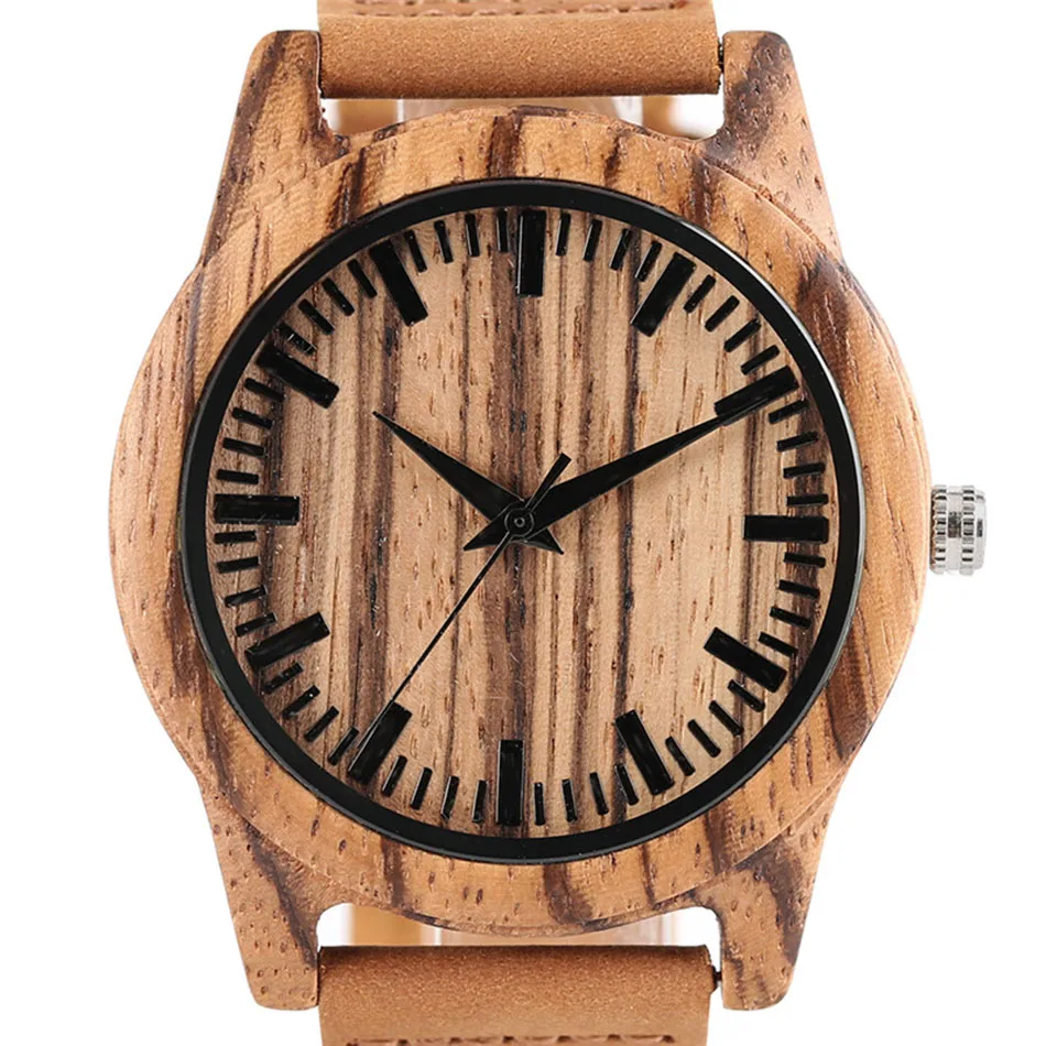 Creative Zebra Wooden Watch Nature Handmade Men Genuine Leather Band Strap Quartz Wrist Watch Reloj de madera 4