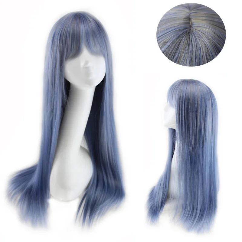 Cheap Synthetic Long Straight Wig With Bangs Simulated Scalp Harajuku Lolita Hair Blue Grey Cosplay Wigs For Women Cheap Synthetic Long Straight Wig With Bangs Simulated Scalp Harajuku Lolita Hair Blue Grey Cosplay Wigs For Women