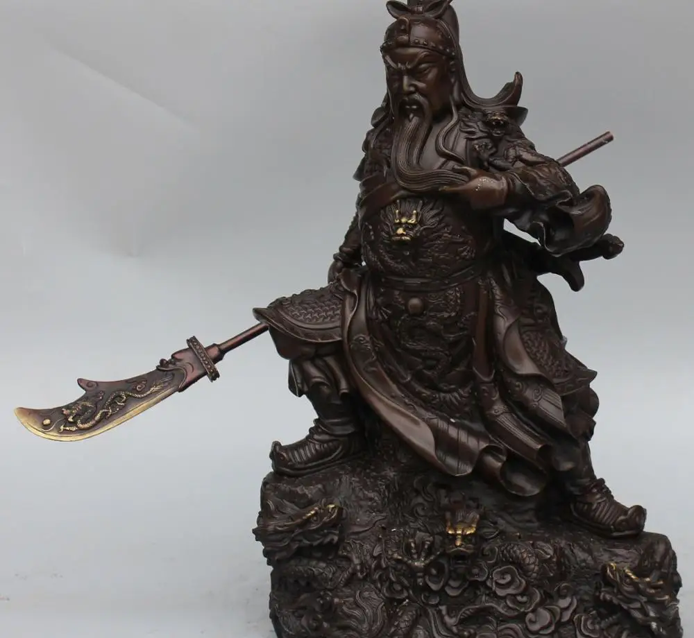 

15" Chinese Bronze Gilt 9 Dragon Guan Gong Yu Warrior God Guangong Sword Statue
