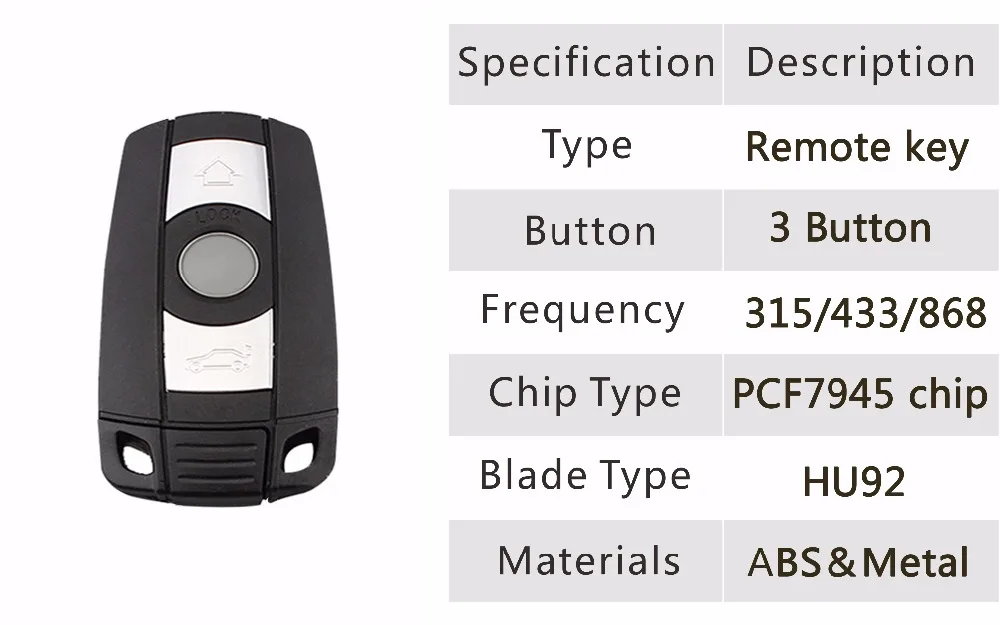 3 кнопки дистанционного ключа автомобиля пульт дистанционного управления для BMW 1/3/5/7 серий, X5 X6 Z4 CAS3 CAS3 KR55WK49123 PCF7945Chip 868 МГц 315 433 МГц