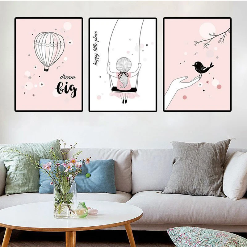 

Cartoon Poster Nordic Canvas Painting Cute Bird Swing Hot Air Balloon Poster Wall Art Picture Home Decor Kid Bedroom Living Room