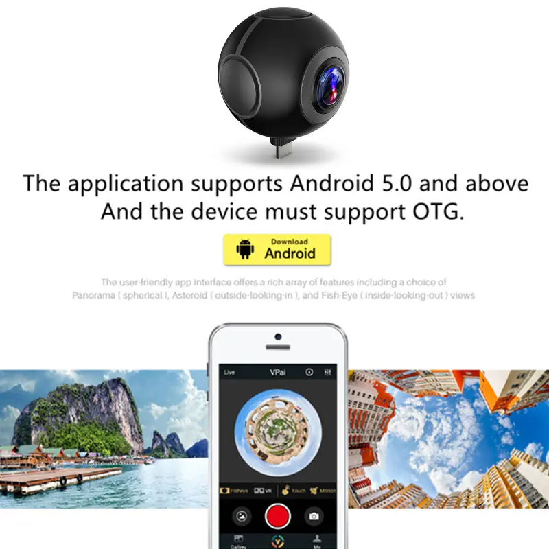720 360 Degree Panoramic Camera VR Camera HD Video Dual Wide Angle Lens Real Time Seamless Stitching for Android Smartphone