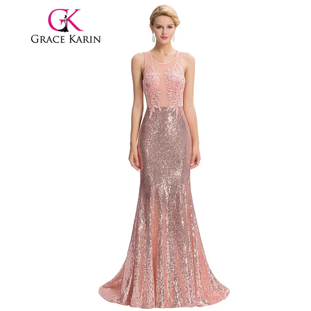 Buy Cheap Grace Karin Luxury Mermaid Evening Dress Floor Length Backless Elegant Pink Long Evening Gowns Sequin Lace Robe De Soiree 2017