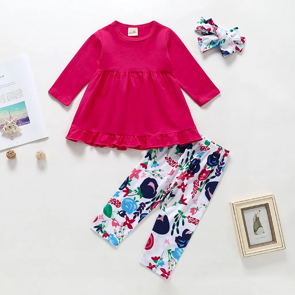 

Toddler Baby Girls Solid Ruffles Tops Dresses Print Floral Pants Clothing Sets kids clothes fortnight costume