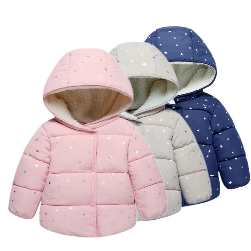 Star Print Hooded Baby Girl Jacket New Autumn Winter Stars Cotton Warm