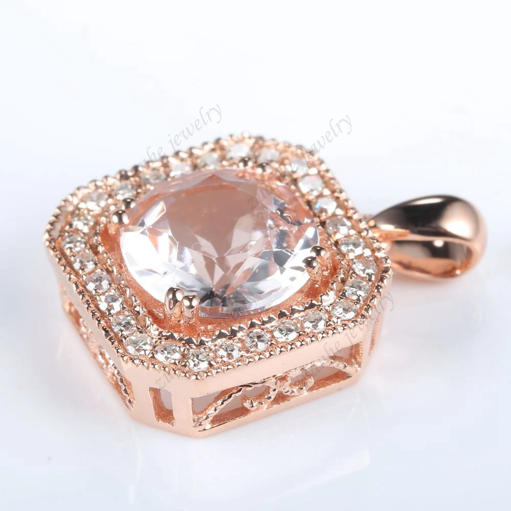 8MM Round Cut Genuine Morganite Diamonds Solid 14k Rose Gold Engagement Pendant