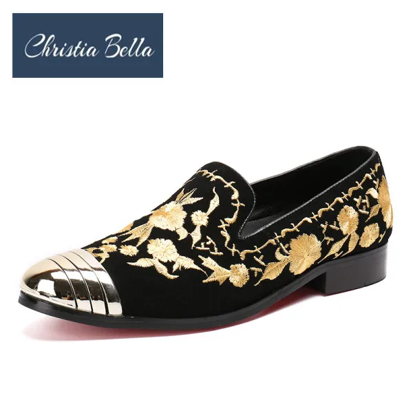 Christia Bella/Новинка; модная мужская обувь по индивидуальному заказу; лоферы из натуральной кожи с вышивкой золотистого цвета; обувь для вечеринок; zapatos mujer - Цвет: Черный