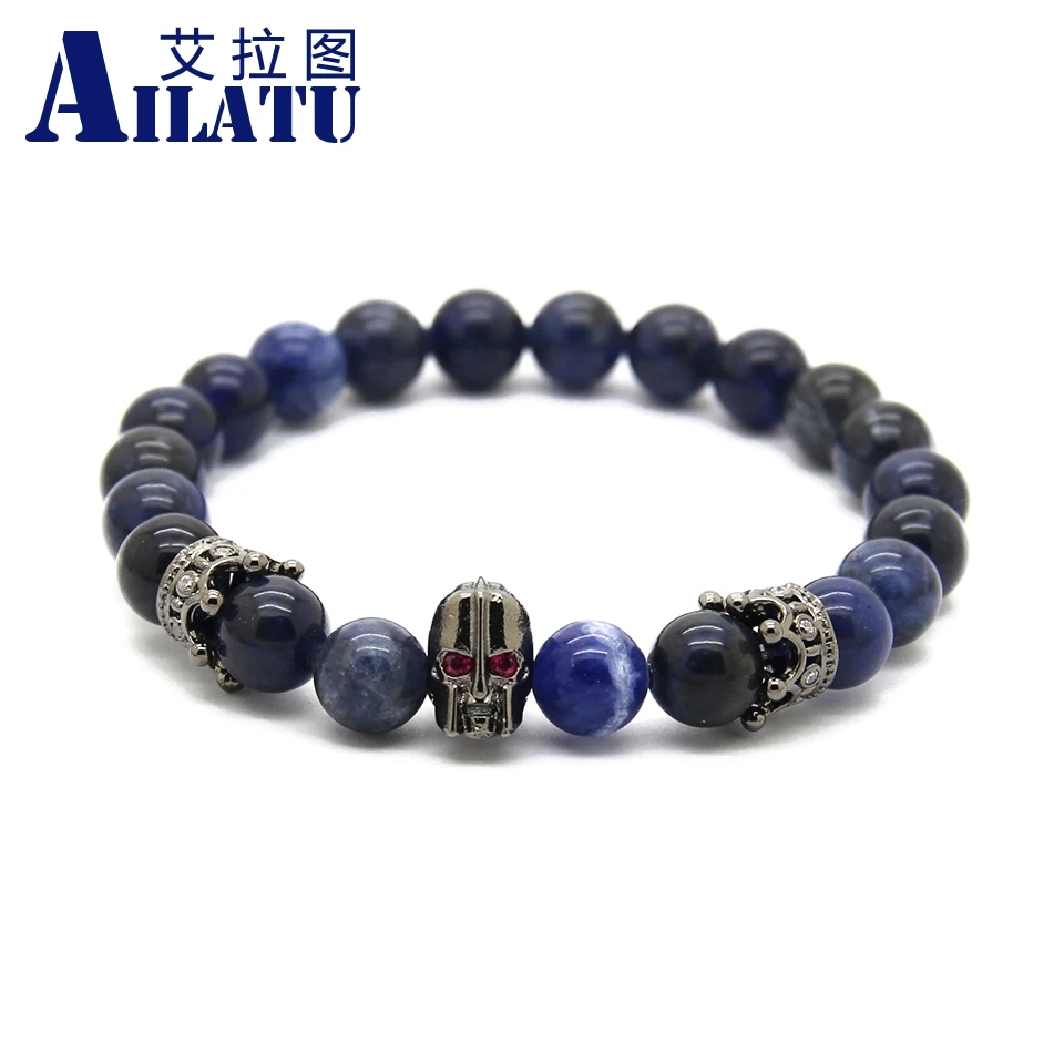 

Ailatu 8mm Natural Blue Veins Stone with Micro Pave CZ Spartan Warrior Skull Crown Charms Men Helmet Jewelry Bracelets