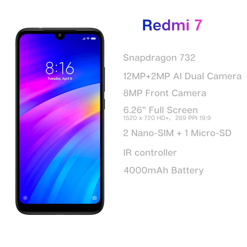 Оригинальный Xiaomi Redmi 7 4 Гб 64 мобильный телефон 6 26 ''Snapdragon 632 двойная камера 12MP +