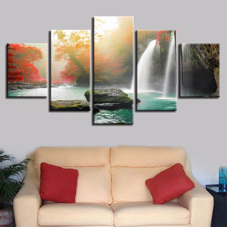 

Living Room Wall Art Paintings Decor HD Printed Modern 5 Pieces Waterfall Red Tree Natural Scenery Poster Modular Canvas Picture