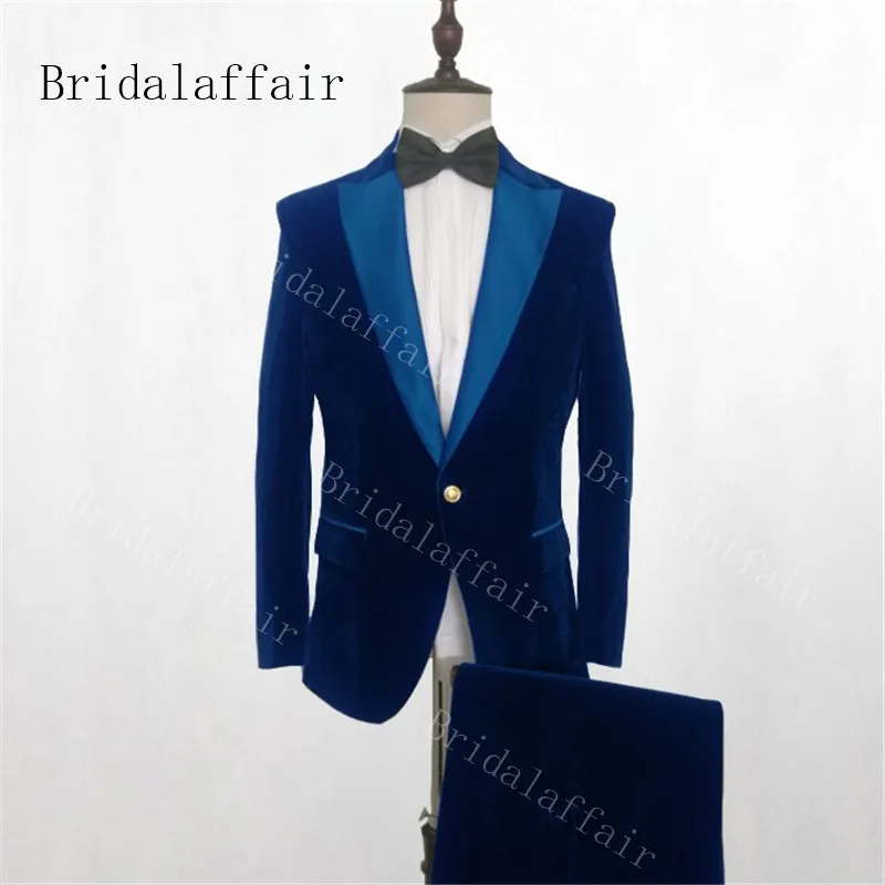 Bridalaffair последние конструкции пальто брюки Королевский синий бархат жакет-смокинг мужской костюм Slim Fit 2 шт. смокинг портной жениха костюмы