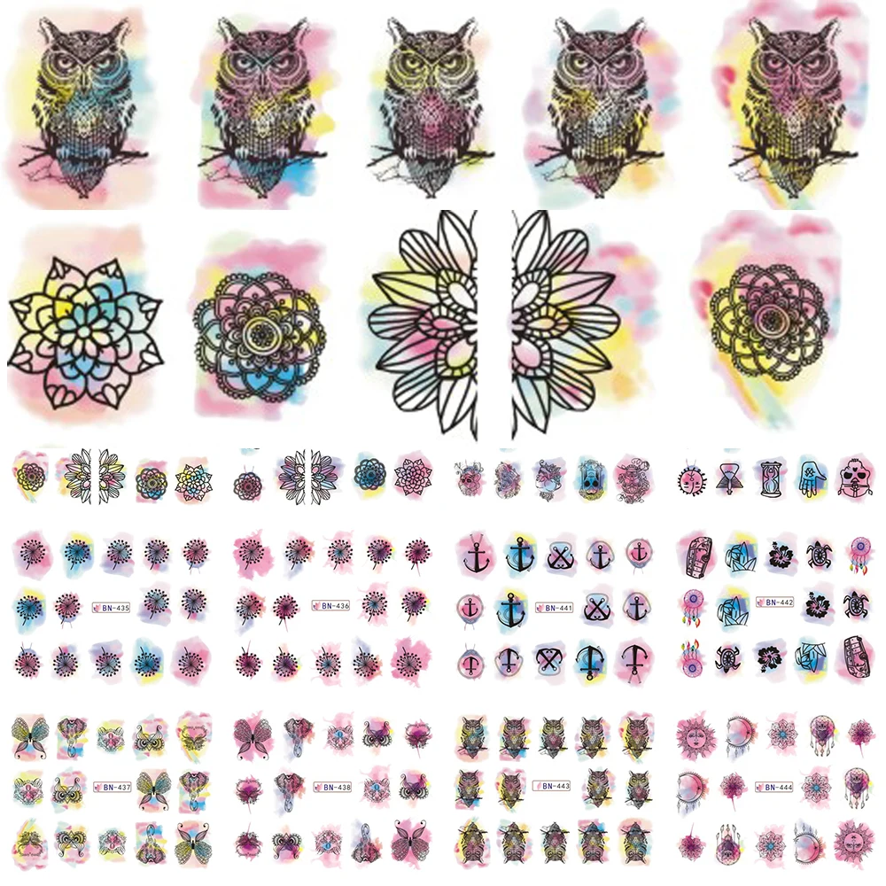 

12 Designs Owl/Flower Watercolor Nail Stickers Beauty Nail Art Temporarily Watermark Nail Tips Decals DIY LABN433-444