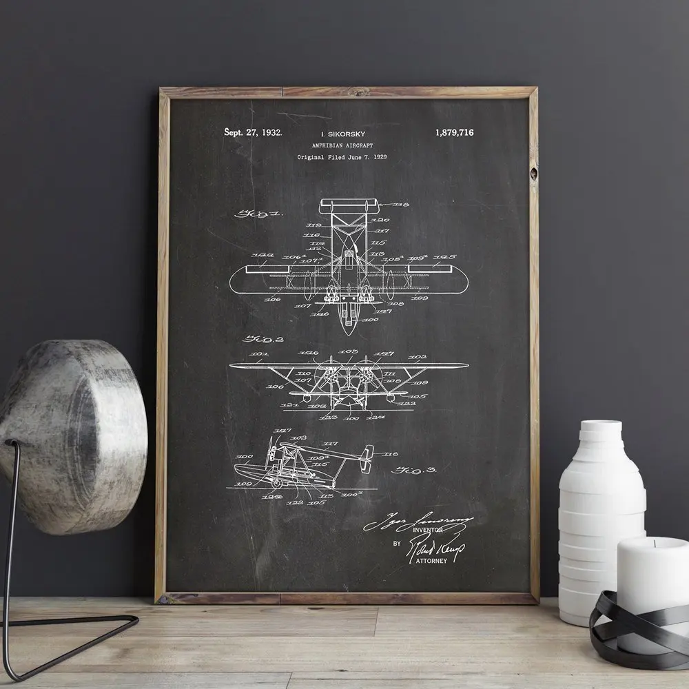 Biplane Floatplane patent авиационная картина настенное искусство плакаты декор комнаты