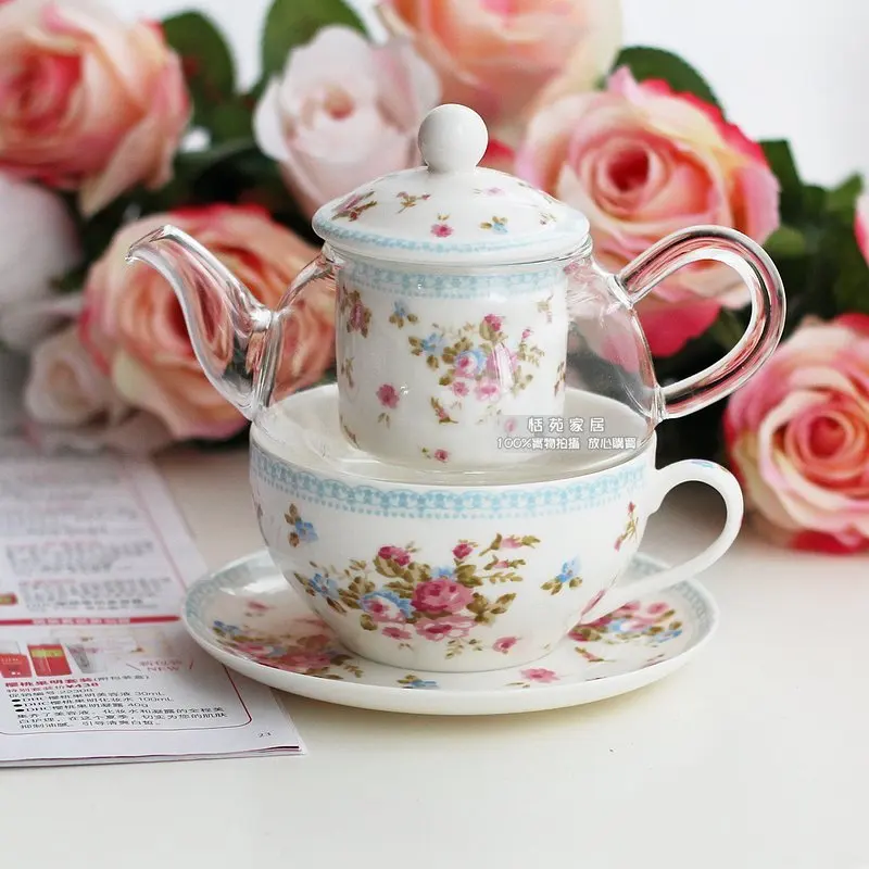 Rustic small afternoon tea single flower pot tea cup set glass ceramic fruit teapot set on