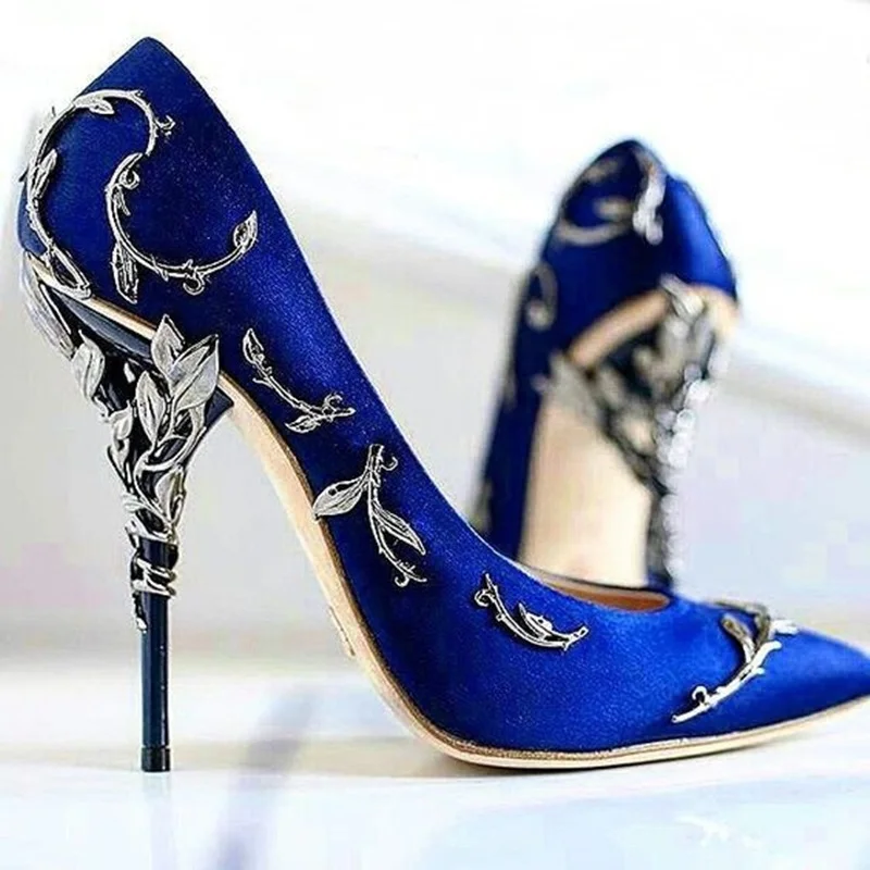 Ornate Filigree Leaf White Women Pumps Chic Satin Stiletto Heels Shoes