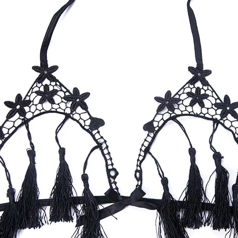 TERMEZY Sexy Exotic Apparel Lingerie Bowknot Adornment Women Hollow Flirt Suit Temptation Transparent Open Cup Tassel Underwear