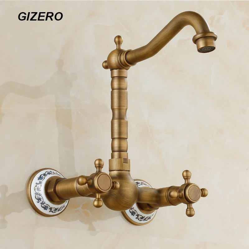 Antique Brass Classic Swivel Faucet Double Handle Kitchen Mixer