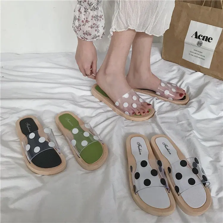

Summer Women Casual Wave Point Flat Brand Lovely Transparent Low Heel Sandals Designer Girls Beach Non-Slip Open Toed Flip Flop