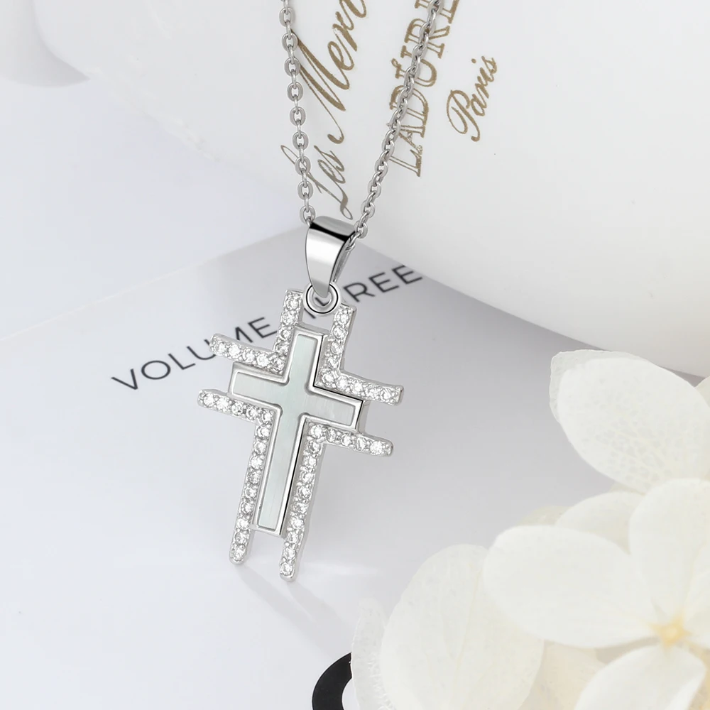925 Silver Necklace For Women Cross Pearl Oysters Pendants Cubic Zirconia Religious Jewelry Hot Sale (Jewelora NE102574)