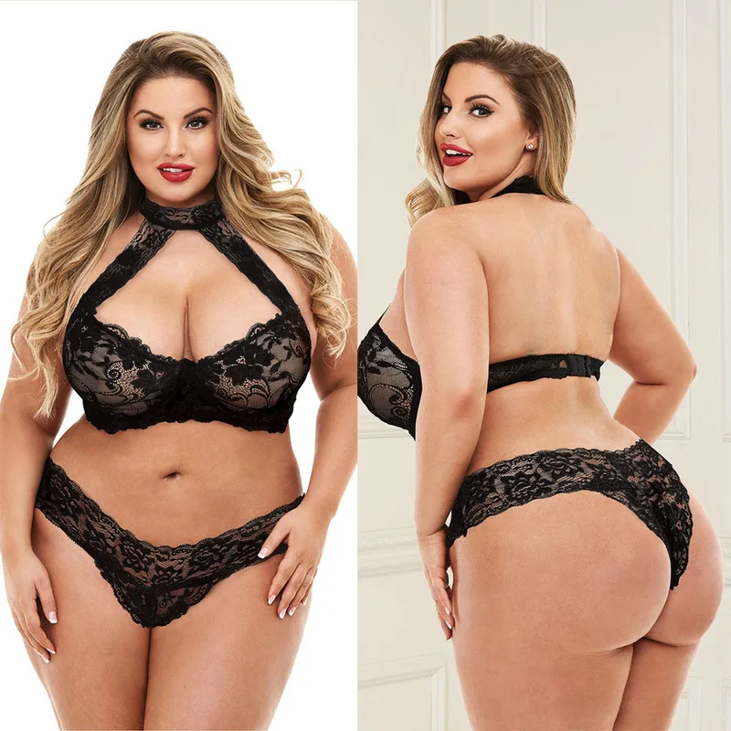 

Lingerie Bra Sets Halter Lace Wire Free Bra +Low Waist Panty Lenceria Sexy Female Black Exotic Underwear Nightwear Plus Size 5XL
