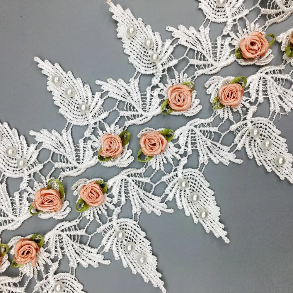 

20x White Pearl Rose Flowers Lace Trim Leaves Embroidered Ribbon Fabric Knitting Sewing Supplies Bridal Wedding Dress Decoration