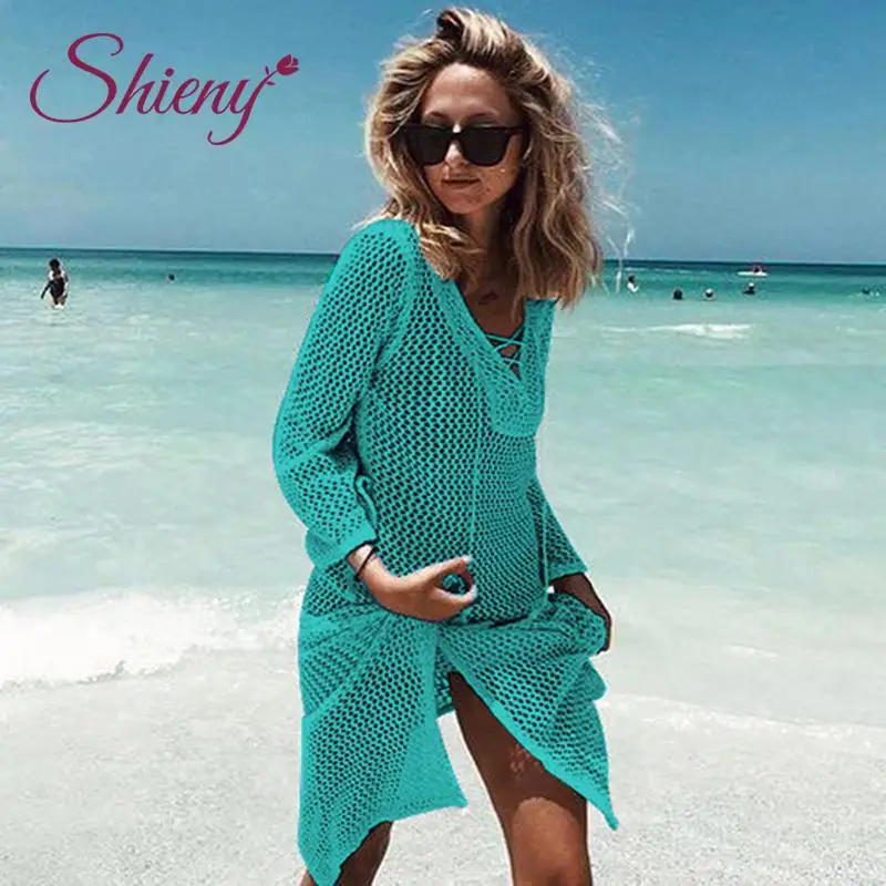 

Shieny Hollow Out Knitted Women Beach Dress Swimwear Women V-neck Long Sleeve Thin Bikini Set Cover Up Cross Bandage Cover Ups
