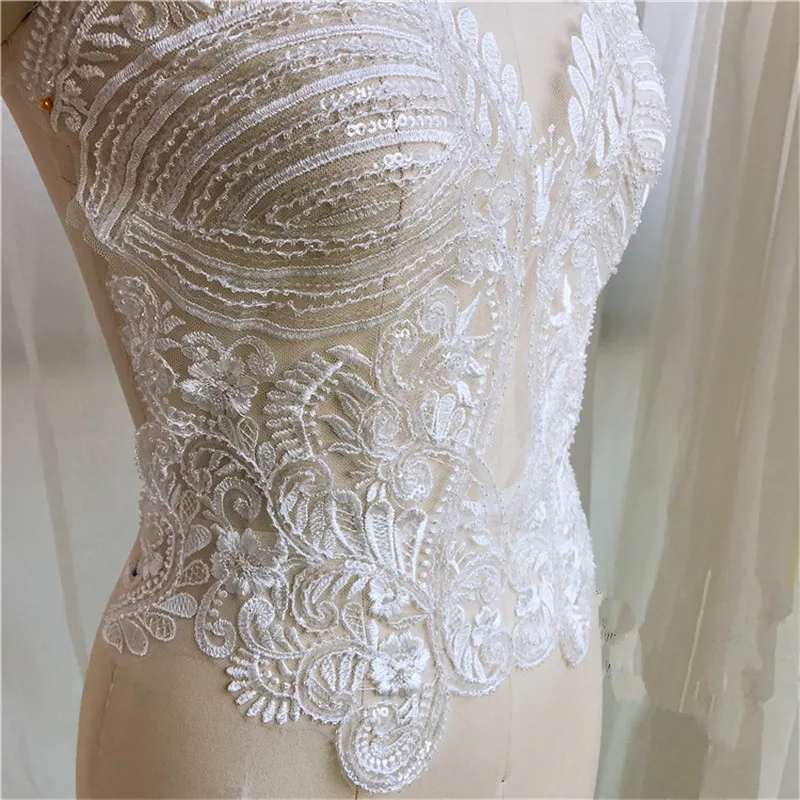 

1pc Ivory Big Size European Wedding Dress Beaded Applique Lace Handmade Flower Embroidered Lace Applique Fabric 38X47cm Body DIY