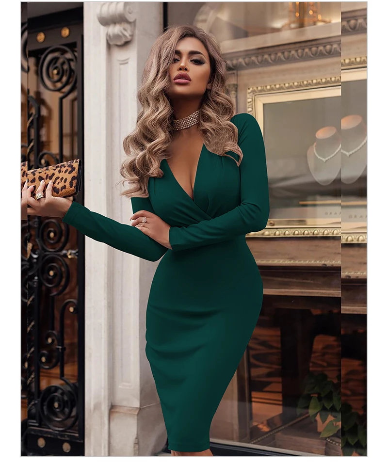 Autumn Sexy Dress Women Empire V Neck Sheath Long Sleeve Knee Length Bodycon Dresses Plus Size Woman Party Vestidos Mujer 2018 (9)