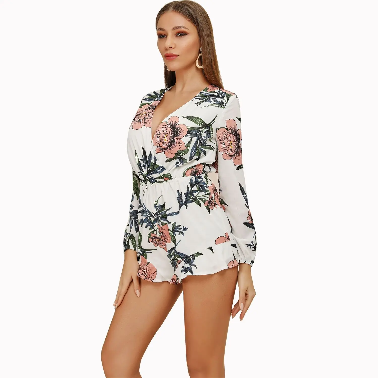 

Ladies Mini Playsuit Low Cut Sexy Summer Jumpsuit Long Sleeve Night Club Elegant Rompers Ruffles 2019 Monos Mujer Romper Clothes