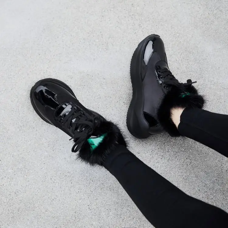 

Black White Patchwork Winter Boots Women Round Toe Rubber Heel Lace Up Casual Sneakers Shoes Cross Tied Fur Lining High Top
