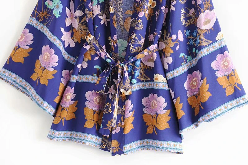 Vintage chic women floral print sashes bat sleeve beach Bohemian kimono dresses Ladies V neck Tassel Summer Boho dress vestidos