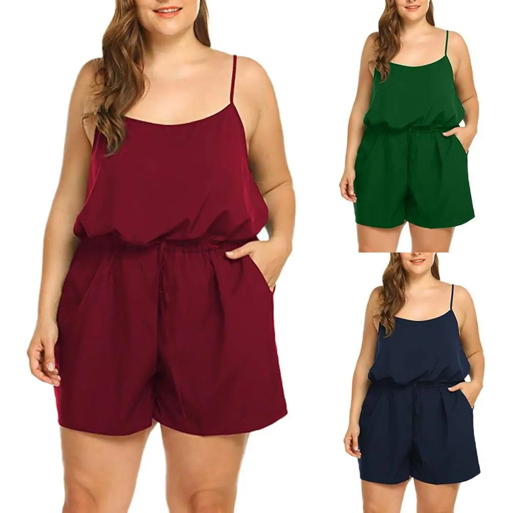 Women Summer Sleeveless V-Neck Spaghetti straps Rompers summer Solid color High Waist Jumpsuits Rompers Plus Size 5XL ED