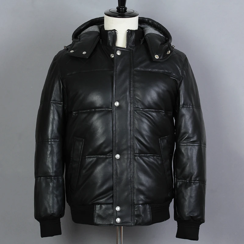

2018 Men's Genuine Leather Down Jacket Sheepskin Thick Short Hooded Winter Coat Casual Real Leather Down Coat men