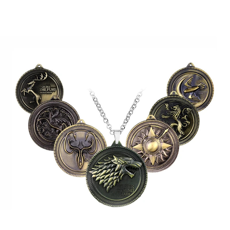 

Game of Thrones Necklace Movie Jewelry Targaryen House Stark Winter is Coming Bronze Metal Pendant Jewelry Family Crest For Fans