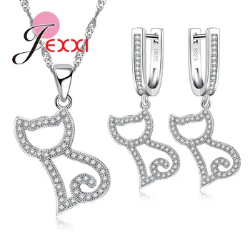 

Hollow Cat Design Shiny CZ 925 Sterling Silver Animal Necklace Earrings Fashion Jewelry Set Wholesale